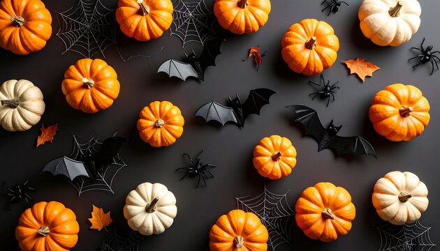 Halloween flat lay scene featuring spider web elements, small pumpkins, bats, and spooky decor on dark background, autumn vibes