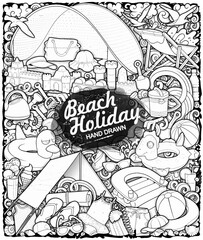 Hand drawn vector illustration of beach holiday objects. Inflatable rings, sandcastles, toys, and swim accessories in a playful doodle style. Perfect for summer-themed designs.