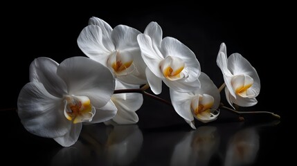 Delicate graceful white orchid blooms captured in stunning photography their curved petals and subtle shadows creating a serene minimalist composition against a deep black background