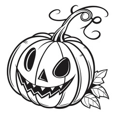 Monochrome smiling pumpkin with leaves and tendrils creates a spooky Halloween scene