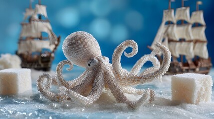 A surreal and whimsical underwater scene featuring a delicate pearl beaded octopus resting on a crystalline seashore surrounded by sugar like cubes and vintage sailing ships in the distance