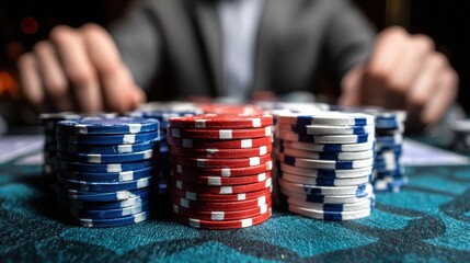 Naklejka premium A person in a suit stacks red, white, and blue poker chips on a casino table, suggesting a high-stakes gambling scenario.
