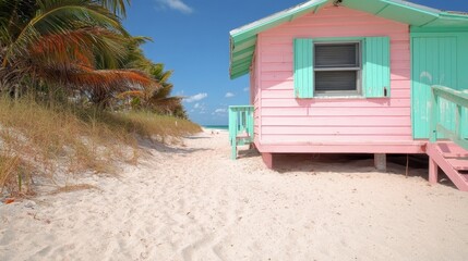 A vibrant pink beach house stands proudly on a sandy shore, inviting relaxation and leisure under a clear blue sky, embodying the essence of a coastal getaway.