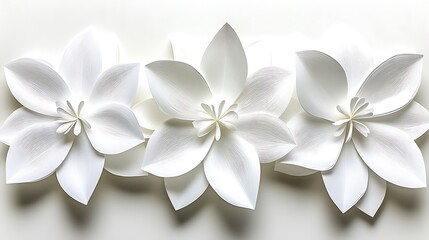 Three pristine white botanical blooms arranged horizontally on backdrop