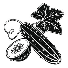 Single black depiction shows a whole cucumber with a slice and leaf