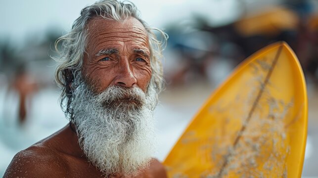 A weathered old surfer stands proudly with his surfboard, embodying the spirit of adventure and resilience, showcasing the beauty of aging intertwined with a passion for the sea.