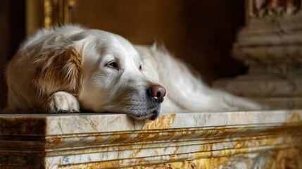 A serene portrait of a white dog resting gracefully behind an elegant marble balustrade with a warm golden brown backdrop and soft ambient lighting creating a tranquil sophisticated atmosphere