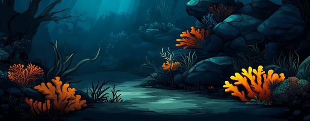 Underwater landscape displaying vibrant coral reef ecosystem in deep ocean