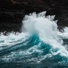 Fototapeta premium Powerful Teal Ocean Wave Crashing Against Dark Rocks