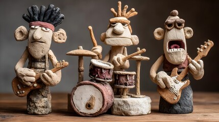 Playful hand crafted clay and stone figurines depicting a humorous and creative rock band with each character uniquely sculpted and detailed to showcase their musical talents