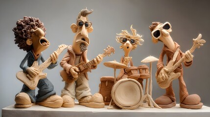 A group of comical expressive clay figurines depicting a quirky humorous rock band performing on a studio stage with various instruments