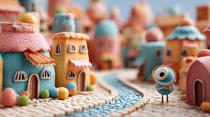 A whimsical and dreamlike scene depicting a stylized 3D cartoon miniature village filled with colorful clay houses a curved cobblestone path and a cute round character holding a magnifying glass