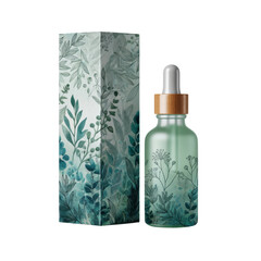 Elegant glass dropper bottle with natural leaf design packaging for skincare products and essential oils Transparent background or png