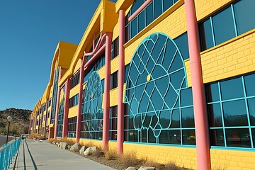 Vibrant architectural facade featuring geometric windows and bold color scheme