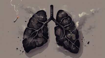 Conceptual burning lungs with fire and smoke showing respiratory disease and health damage background