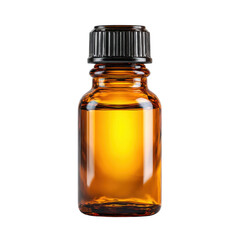 Amber glass bottle with black lid containing golden liquid oil for wellness and aromatherapy purposes Transparent background or png