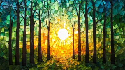 Mosaic Sunrise in a Green Forest