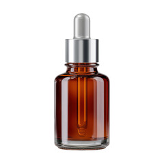 Glass dropper bottle with brown liquid for skincare and wellness solutions against white background Transparent background or png
