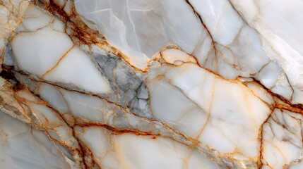 Detailed close up of the elegant and sophisticated natural texture of Calacatta Gold marble featuring prominent mineral veins in shades of gray gold and rusty orange