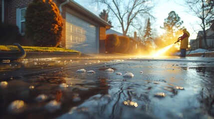 A man power washes a driveway during golden hour, capturing the sun's rays and water droplets, illustrating a routine chore transformed into a captivating moment of light and movement.
