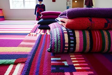Vibrant Textile Display of Handmade Crafts and Pillows in Interior Setting