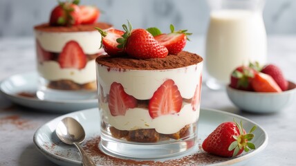A serving of strawberry tiramisu in clear cups sprinkled with cinnamon. Fresh strawberries on top of cinnamon.