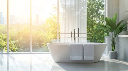 Towel warmer in a bright airy bathroom with floor to ceiling windows soft linens draped over the...