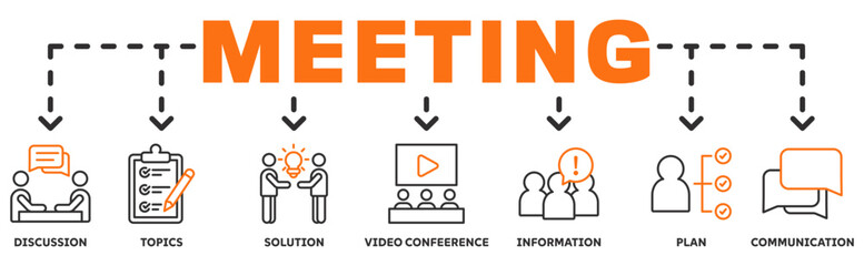 Meeting banner web icon vector illustration concept with icon of discussion, topics, solution, video conference, information, plan, communication 