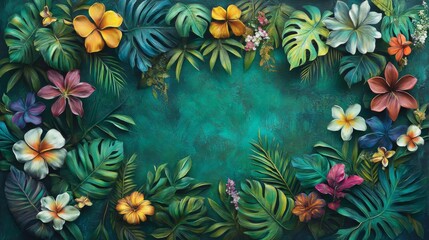 Fototapeta premium Vibrant Tropical Flowers and Leaves Frame on Teal Background