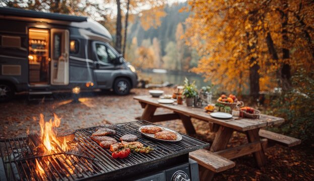 Autumnal camping feast. Grill, RV, and picnic table