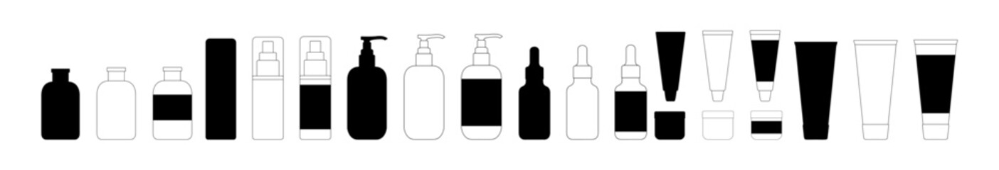 Vector Shampoo and Beauty Bottle Set. Skincare Product Silhouettes with Jars, Tubes and Containers for Cosmetics