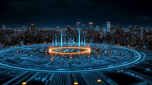 Futuristic Cityscape:  Digital Interface Over Metropolis at Night