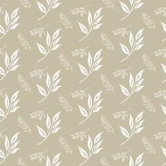 Modern seamless pattern with a mix of solid silver and outline leaf branches on a beige background. An elegant and clean design for contemporary decor and fabric.
