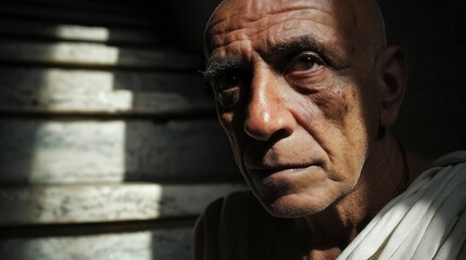 Portrait of a philosopher in a toga, sitting by stone steps, intense close-up of face