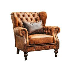 Luxurious Brown Leather Wingback Armchair with Pillow