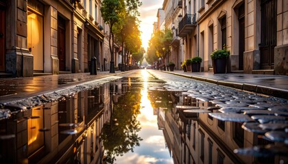 Fototapeta premium Urban landscape reflection on a puddle, old city architecture, sun rays