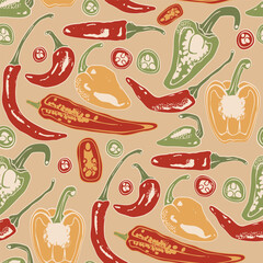 Various red, green hot chili Peppers. Whole, sliced, cut. Top, side view. Different types. Hand drawn modern Vector illustration. Farm market, natural eco product concept. Seamless pattern, background