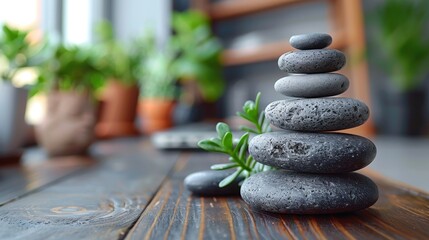 A beautiful arrangement of stacked stones surrounded by greenery, symbolizing tranquility and the natural harmony of life in a peaceful indoor environment.