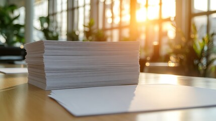 Save to Lib Stacks of blank white paper on a bright, sunny desk, suggesting a busy office or print environment, Reduce paper reduce carbon, Quit using paper, save trees, go digital