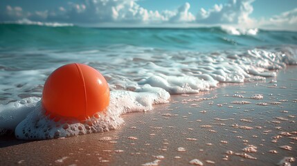 Obraz premium A vibrant orange buoy sits on a peaceful beach shoreline, accentuated by gentle waves, capturing the essence of coastal life and the tranquil beauty of nature's elements.