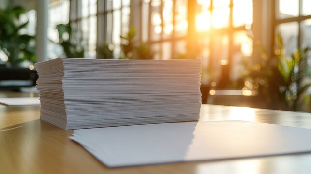 Save to Lib Stacks of blank white paper on a bright, sunny desk, suggesting a busy office or print environment, Reduce paper reduce carbon, Quit using paper, save trees, go digital