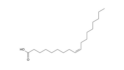 oleic acid molecule, structural chemical formula, ball-and-stick model, isolated image monounsaturated fatty acid