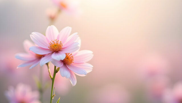 Vibrant Blossoming Flowers Against Soft Misty Background in Pastel Hues for Serene Nature Composition