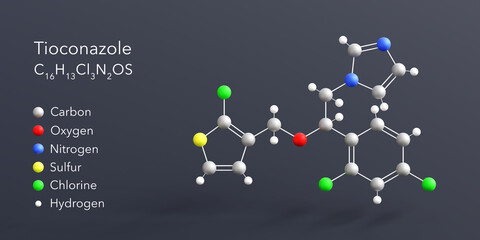 tioconazole molecule 3d rendering, flat molecular structure with chemical formula and atoms color coding