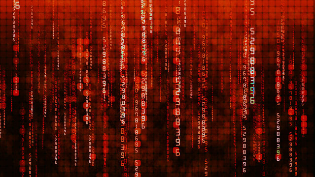 A dramatic digital presentation showing a vibrant red and deep black matrix intertwined with flowing data streams in vibrant fiery red and black