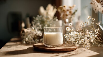 Glass of Milk on Wooden Tray with Dried Flowers in Sunlit Room A Cozy and Serene Breakfast or Brunch Scene