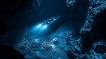 Submersible explores dark underwater cave, illuminating rocks below