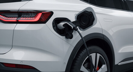 Fototapeta premium Charging port of white electric SUV with connected plug, partial wheel and tail light visible, minimal CGI scene