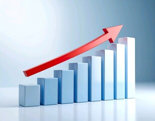 Financial Success Bar Chart with Red Upward Arrow on Blue Background