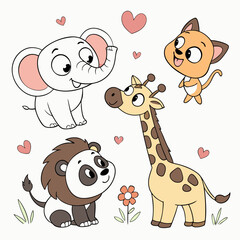 Cute Cartoon Jungle Animals Elephant, Giraffe, Lion, Panda, and Cat Clipart Set.